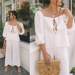 Cult Gaia Aurel white cotton linen tie front top size Medium